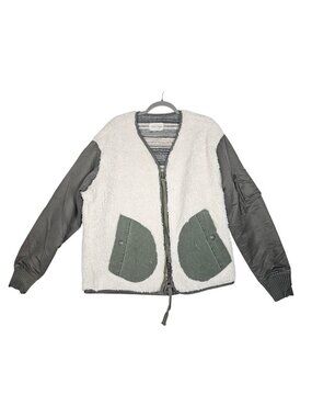 Greg Lauren Sherpa Washed Satin Modern Flight Bomber Jacket Olive Ivory USA